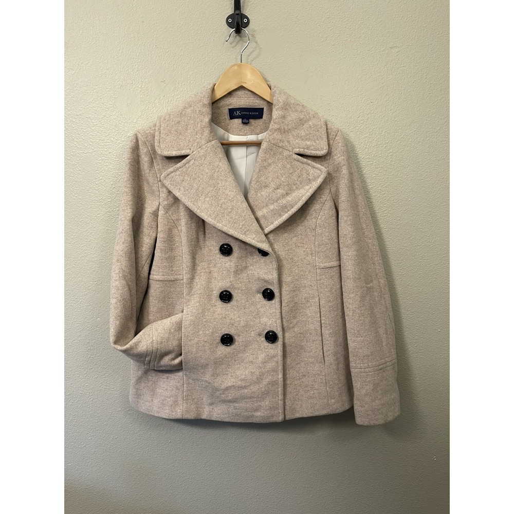 Anne Klein Wool Blend Beige Pea Coat Double-Breasted Pockets Quiet Luxury Sz L